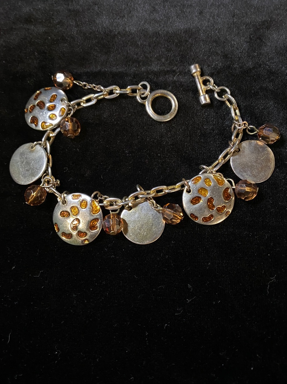 Vintage Amber Animal Print Disk Coin Bead Chain Link Toggle Bracelet